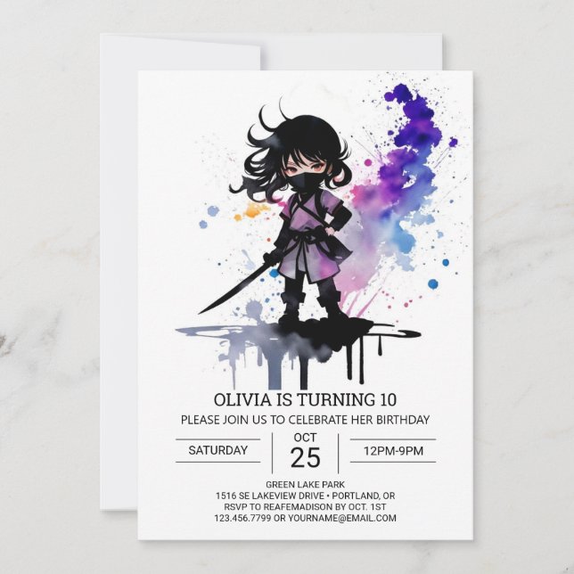 Custom Cute Ninja Girl Birthday Invitation (Front)