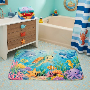 Custom Cute Ocean Animals Splash Zone Bath Mat