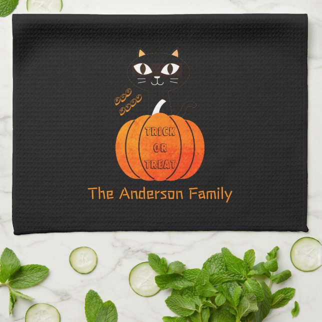 Custom Cute Orange Black Cat & Pumpkin Halloween Tea Towel (Folded)