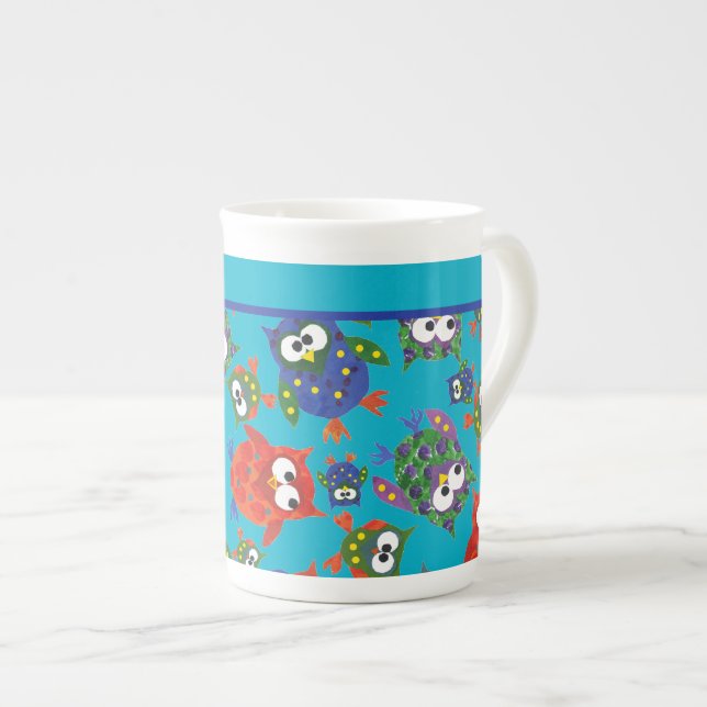 Custom Cute Owls Bone China Mug, Turquoise Blue Bone China Mug (Front Right)
