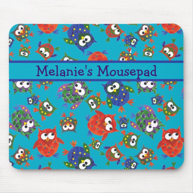 Custom Cute Owls Mousepad, Turquoise Blue Mouse Pad (Front)
