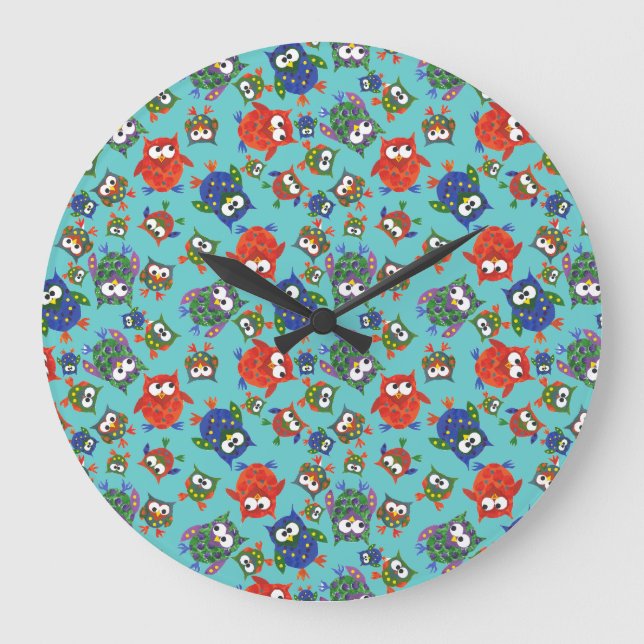 Custom Cute Owls Round Wall Clock: Red Blue Green Large Clock (Front)