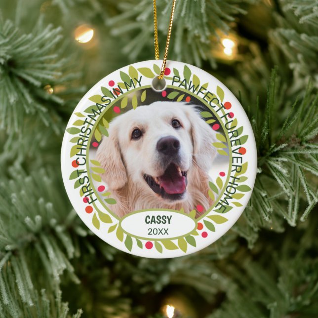 Custom Cute Pet Photo 1st Christmas On Holly Berry Ceramic Ornament (Tree)