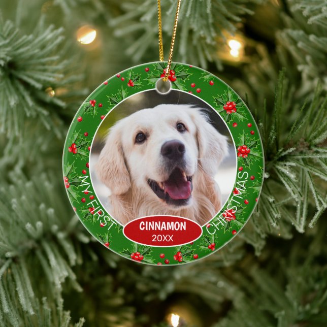 Custom Cute Pet Photo 1st Christmas On Holly Berry Ceramic Ornament (Tree)