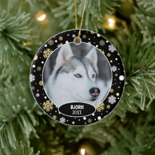 Custom Cute Pet Photo 1st Christmas On Snowflakes Ceramic Ornament