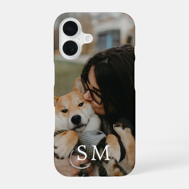 Custom Cute Pet Photo and Monogram Initial iPhone 16 Case (Back)