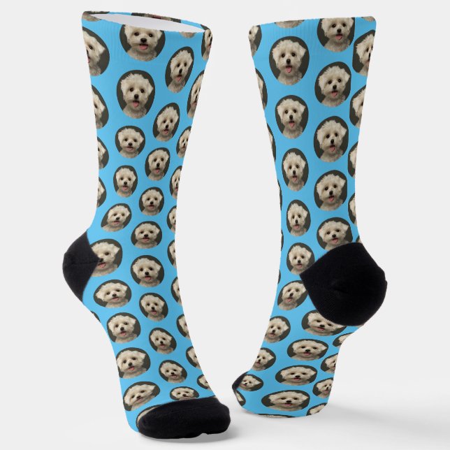 Custom Cute Pet Photo Pattern Light Blue Socks (Angled)