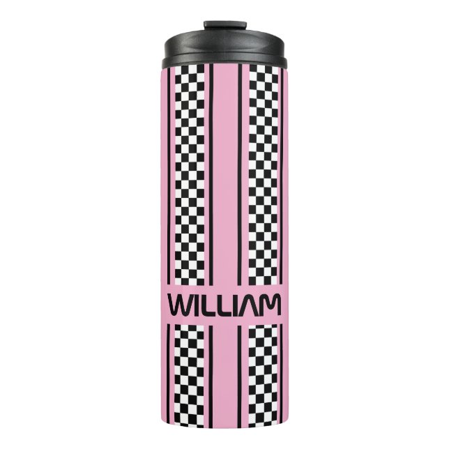 Custom Cute Pink Black Race Sport Stripe Thermal Tumbler (Front)