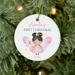 Custom Cute Pink Fairy Baby Girl 1st Christmas Ceramic Ornament