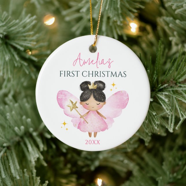Custom Cute Pink Fairy Baby Girl 1st Christmas Ceramic Ornament (Tree)