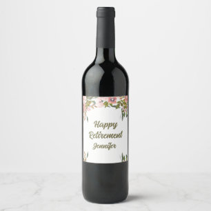 Custom Cute Pink Floral Greenery Happy Retirement Wine Label