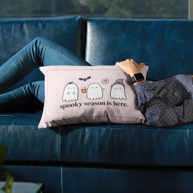 Custom Cute Pink Friendly Ghosts Spooky Season Lumbar Cushion (Creator Uploaded)