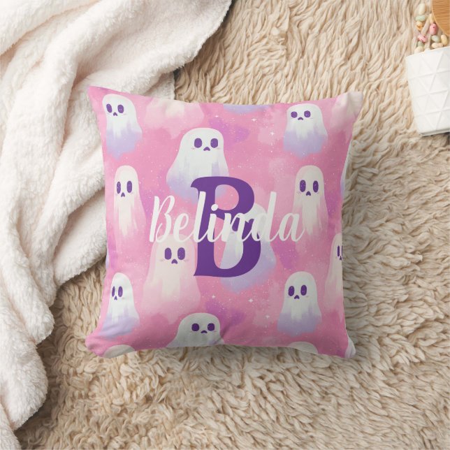 Custom Cute Pink Ghosts Girly Halloween Cushion (Blanket)