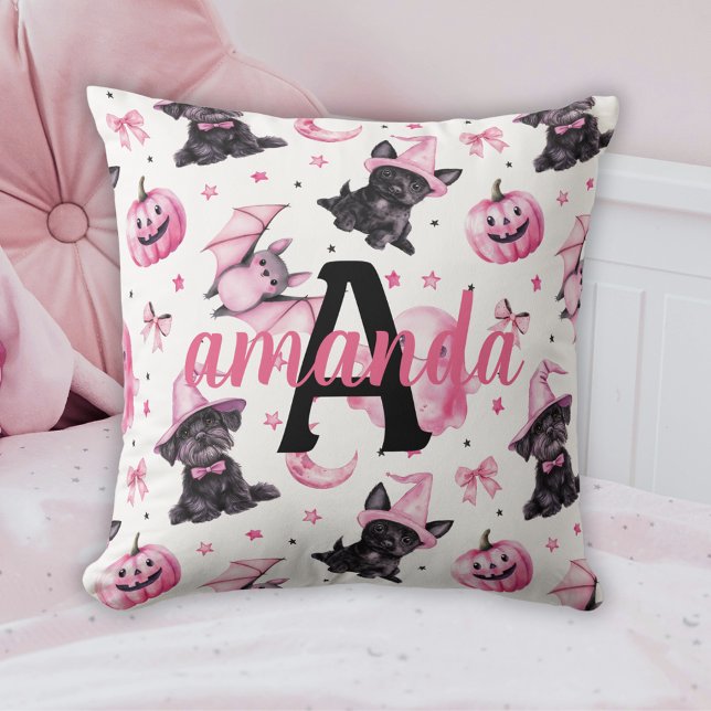 Custom Cute Pink Halloween Pattern With Black Dogs Cushion (Custom Cute Pink Halloween Pattern With Black Dogs Throw Pillow)