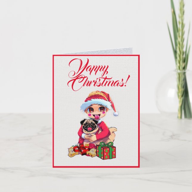 Custom Cute Pug Dog With Little Girl Christmas Card (Front)