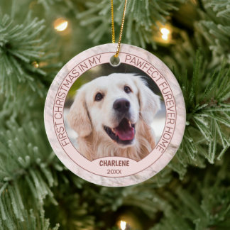Custom Cute Puppy Photo On Chic Grey Pink Marble Ceramic Ornament