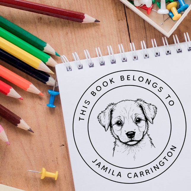 Custom Cute Puppy This Book Belongs To Kid's Name Rubber Stamp (Creator Uploaded)