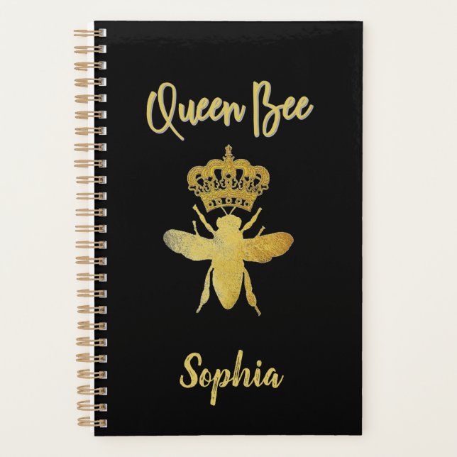 Custom Cute QUEEN BEE Gold Black Undated Monthly Planner (Front)