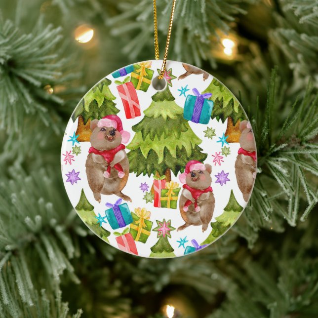 Custom Cute Quokka Christmas Ceramic Ornament (Tree)