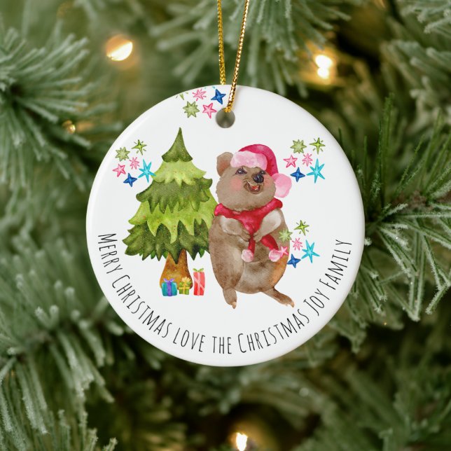 Custom Cute Quokka Christmas Ceramic Ornament (Tree)