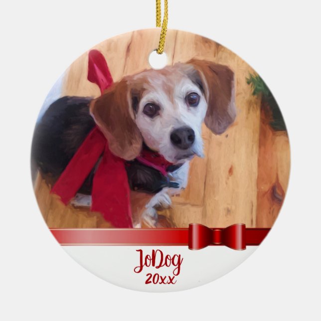 Custom Cute Red Bow Pet 2 Photo Christmas Ceramic Ornament (Front)
