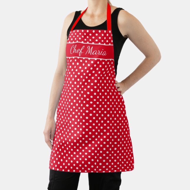 Custom cute red & white polka dots pattern kitchen apron (Insitu)