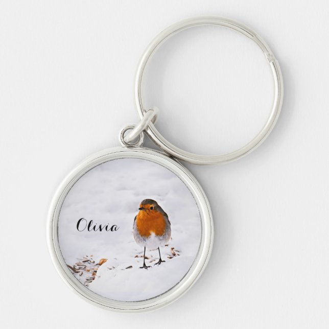 Custom cute Robin bird in snow add name Key Ring (Front)