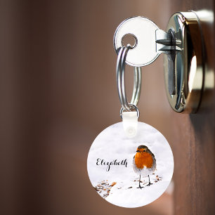 Custom cute Robin bird in snow add name Key Ring
