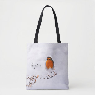 Custom cute Robin bird in snow add name Tote Bag