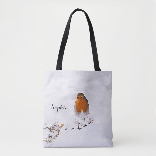 Custom cute Robin bird in snow add name Tote Bag (Front)
