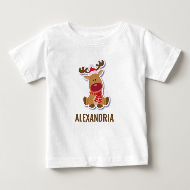 Custom cute Rudolph reindeer Santa Claus Christmas Baby T-Shirt (Front)