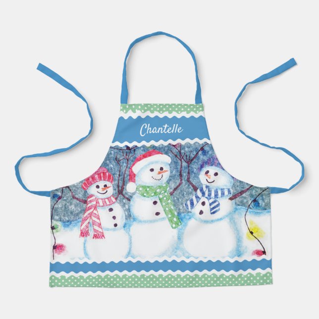 Custom Cute Snowmen In December Snow Illustration Apron (Front)