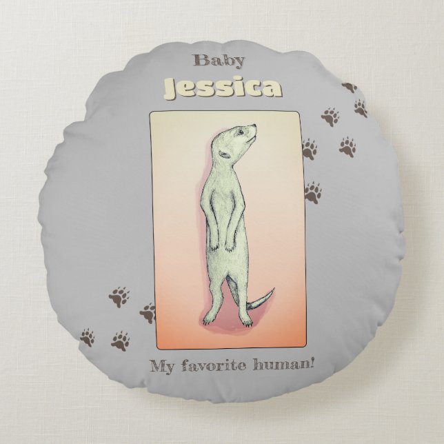 Custom Cute Soft Grey Peach Meerkat Baby Name Round Cushion (Front)