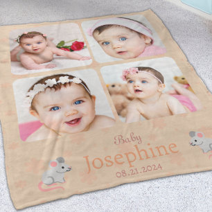 Custom Cute Soft Peach Baby Name Photo Fleece Blanket