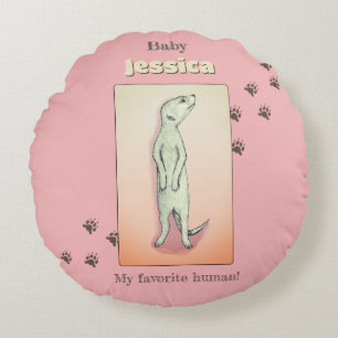 Custom Cute Soft Pink Peach Meerkat Baby Name Round Cushion