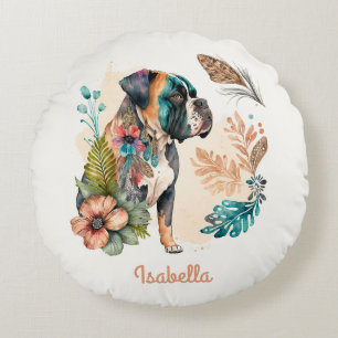 Custom Cute Watercolor Floral Boho Bulldog Round Cushion
