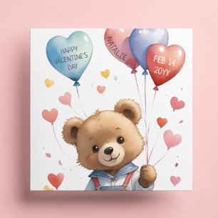 Custom Cute Watercolor Teddy Bear Valentines Day Holiday Card