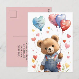 Custom Cute Watercolor Teddy Bear Valentines Day Postcard