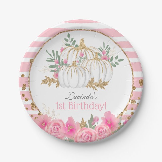 Custom Cute White Pumpkin Floral 1st Birthday Paper Plate (Front)