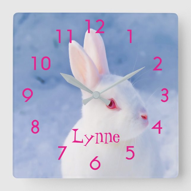 Custom cute white rabbit on blue snow background square wall clock (Front)