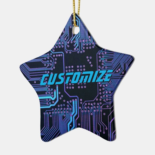 Custom Cyber Blue PCB Circuit Board Tech Art Ceramic Ornament (Left)