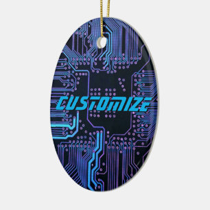 Custom Cyber Blue PCB Circuit Board Tech Art Ceramic Ornament