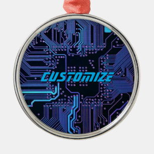Custom Cyber Blue PCB Circuit Board Tech Art Metal Ornament