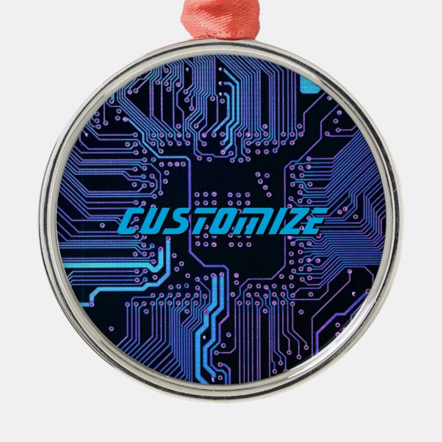 Custom Cyber Blue PCB Circuit Board Tech Art Metal Ornament (Front)