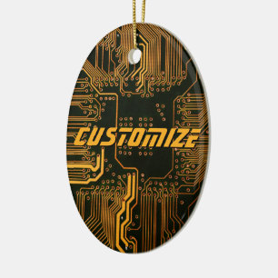 Custom Cyber Orange PCB Circuit Board Tech Art Ceramic Ornament