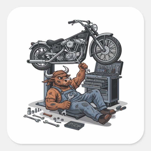 Custom Cycle Shop Bull Mechanic Professional Art Square Sticker (Front)