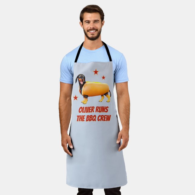 Custom Dachshund BBQ Crew Funny Wiener Dog Apron (Worn)