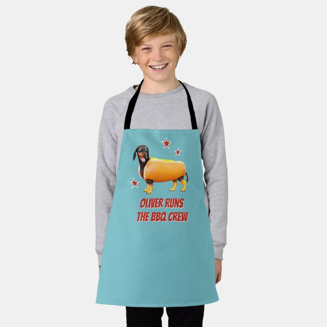 Custom Dachshund BBQ Crew Funny Wiener Dog Apron (Worn)