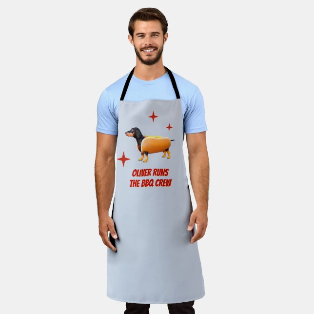 Custom Dachshund BBQ Crew Funny Wiener Dog Apron (Worn)