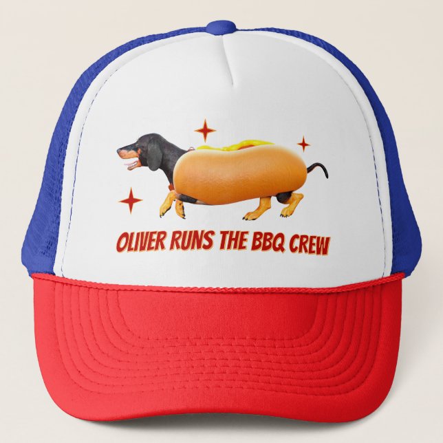Custom Dachshund BBQ Crew Funny Wiener Dog Trucker Hat (Front)